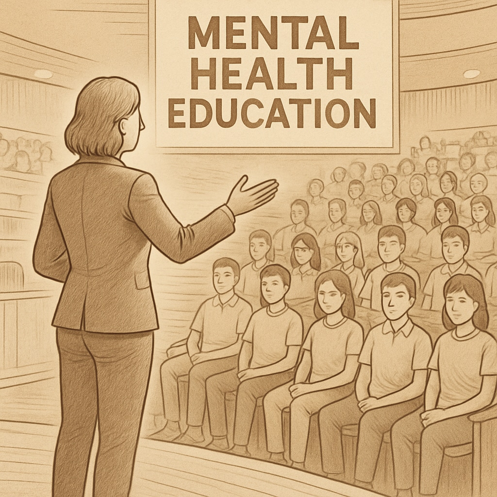 A professional speaker addressing high school students in an auditorium, symbolizing impactful mental health education events. Speaker discussing mental health with high school students.
