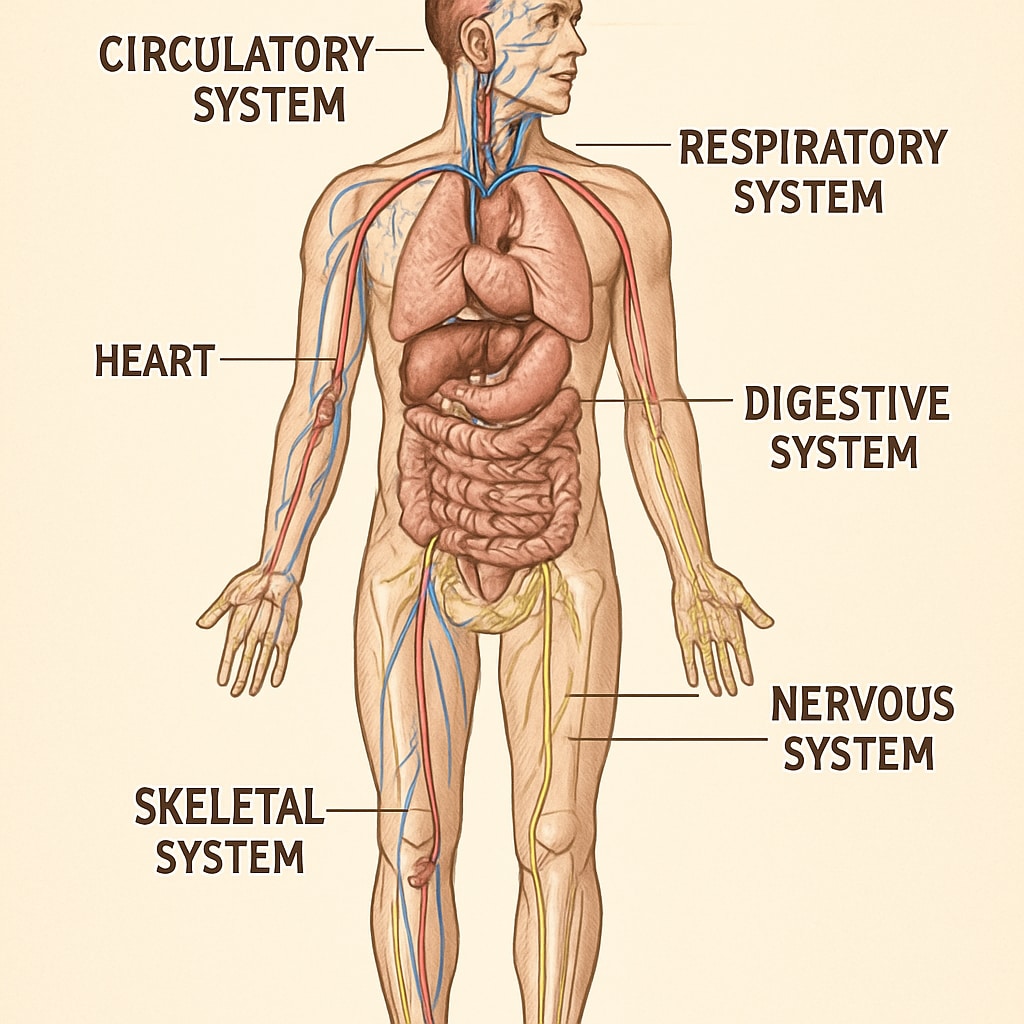 A detailed diagram of the human body with labeled systems being used as a study aid. Human anatomy diagram with labeled systems, supporting medical education for non-medical learners.