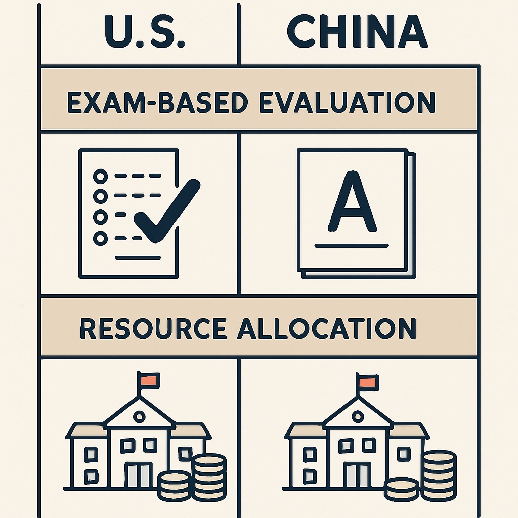 A comparison chart showing the differences between U.S. and Chinese education systems in terms of exam-based evaluation and resource allocation. Comparison chart of U.S. and Chinese education systems on exams and resources.