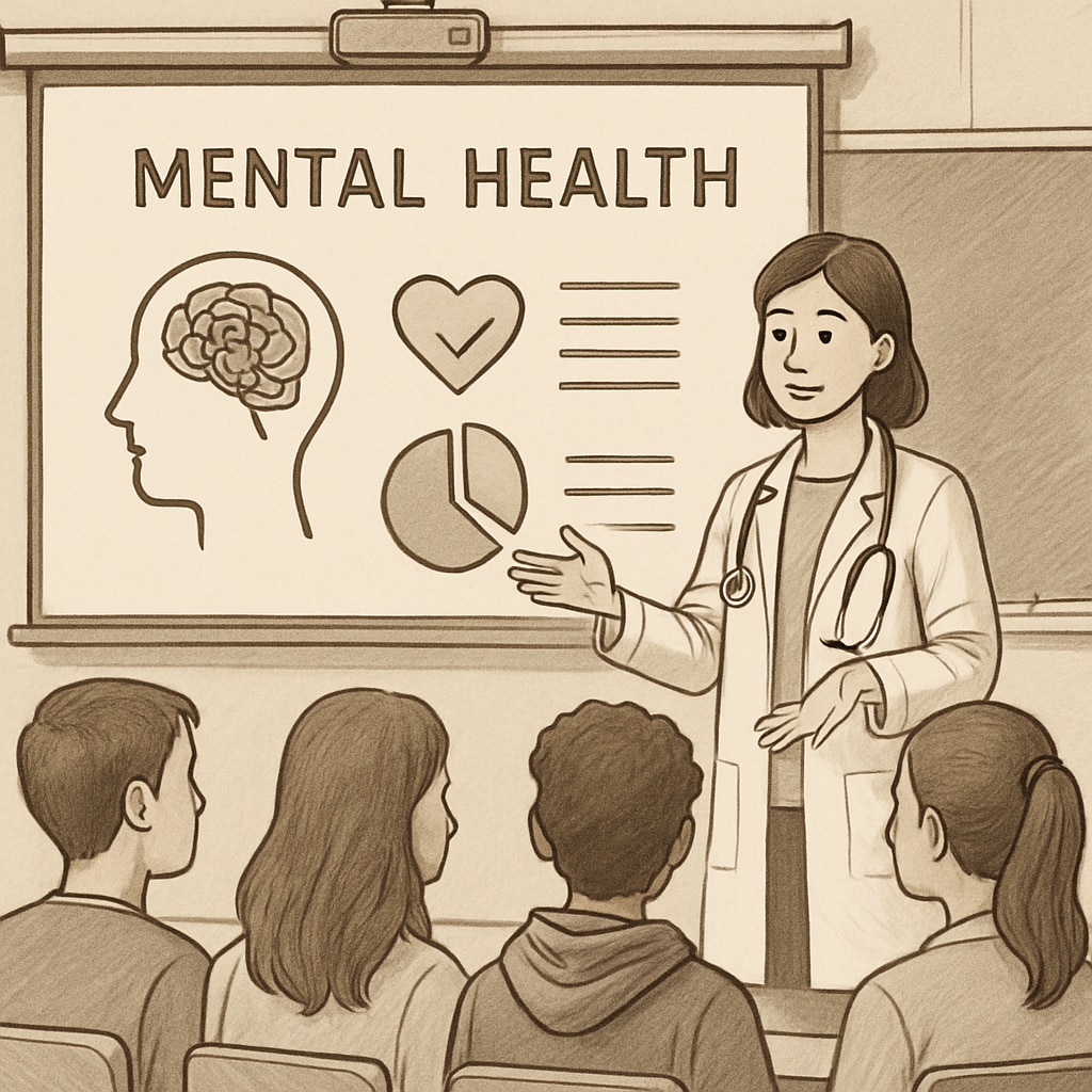 A medical student addressing high school students with a visual presentation on mental health, illustrating effective communication strategies. Medical student presenting mental health topics to high school students.