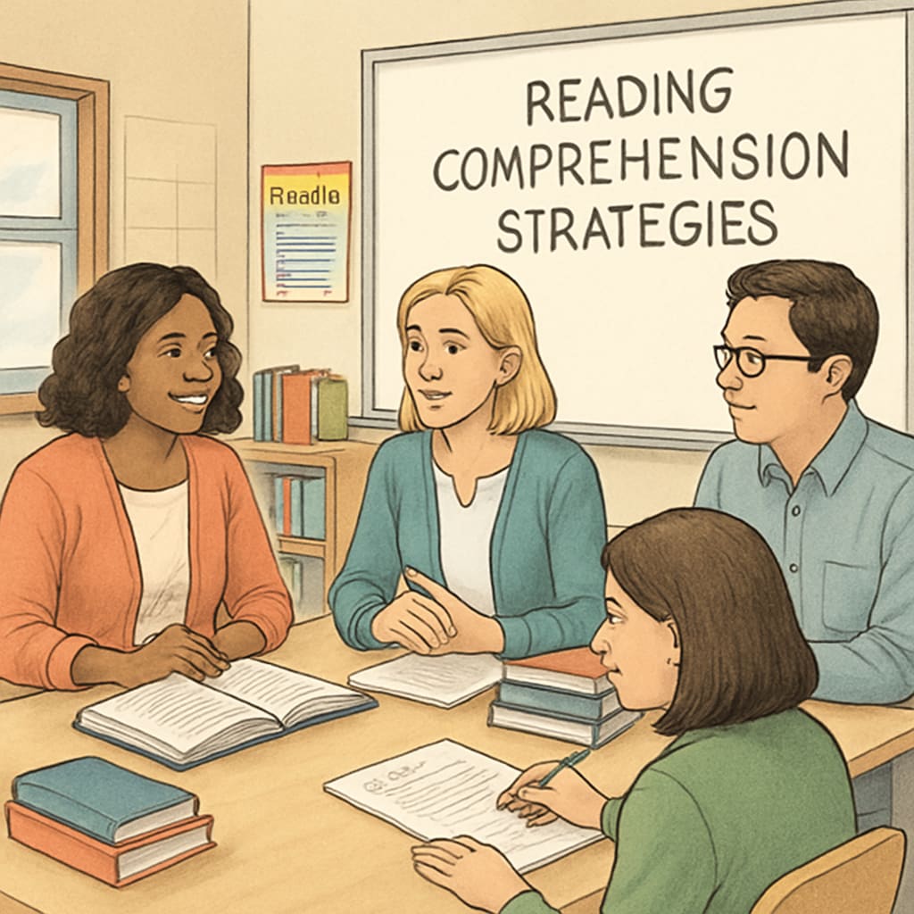 A group of teachers collaborating on reading comprehension strategies, representing real-world classroom scenarios. Teachers discussing reading comprehension and text complexity in a collaborative setting.