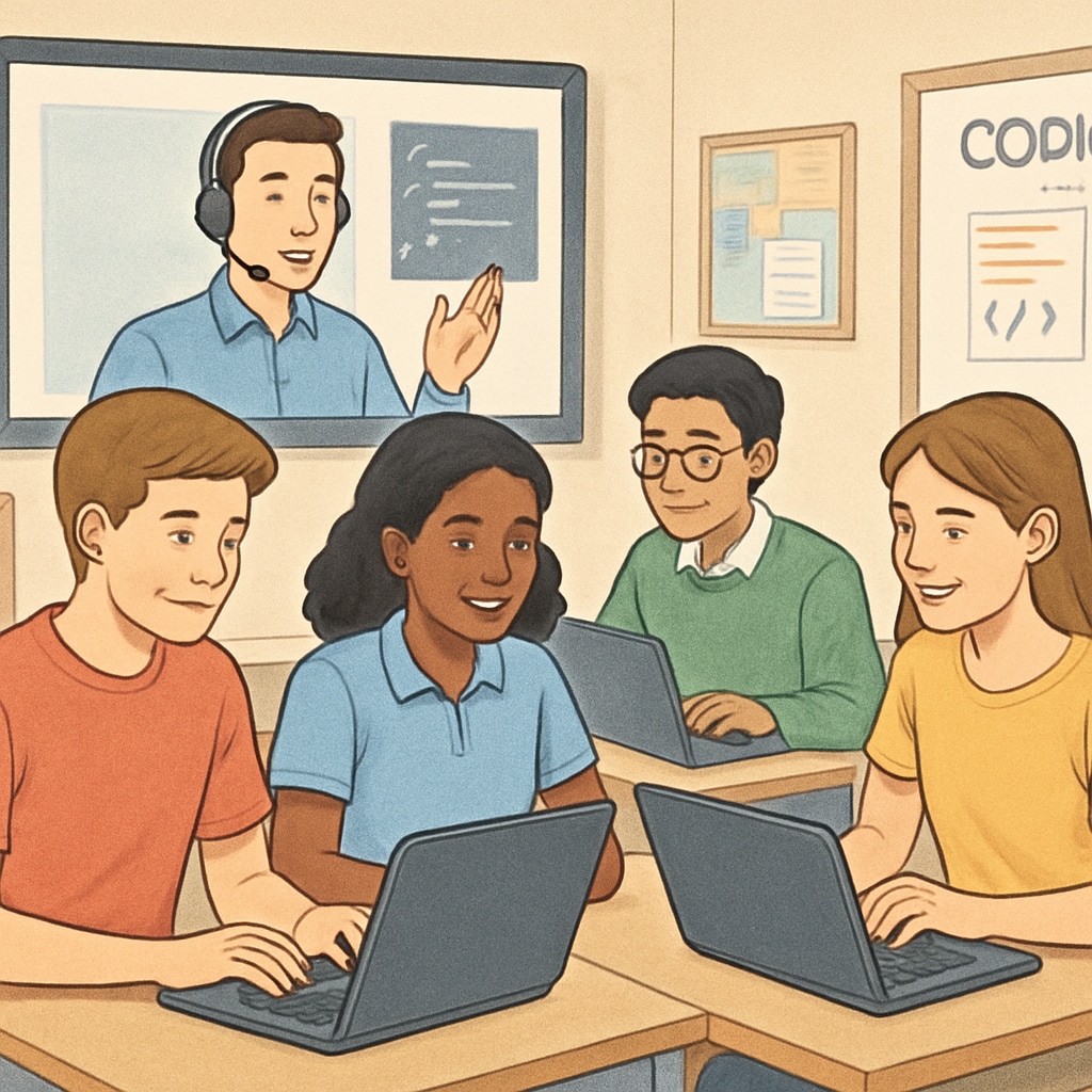 A group of high school students engaging in an online coding workshop, emphasizing extracurricular learning. High school students participating in an online coding workshop as part of extracurricular learning resources.