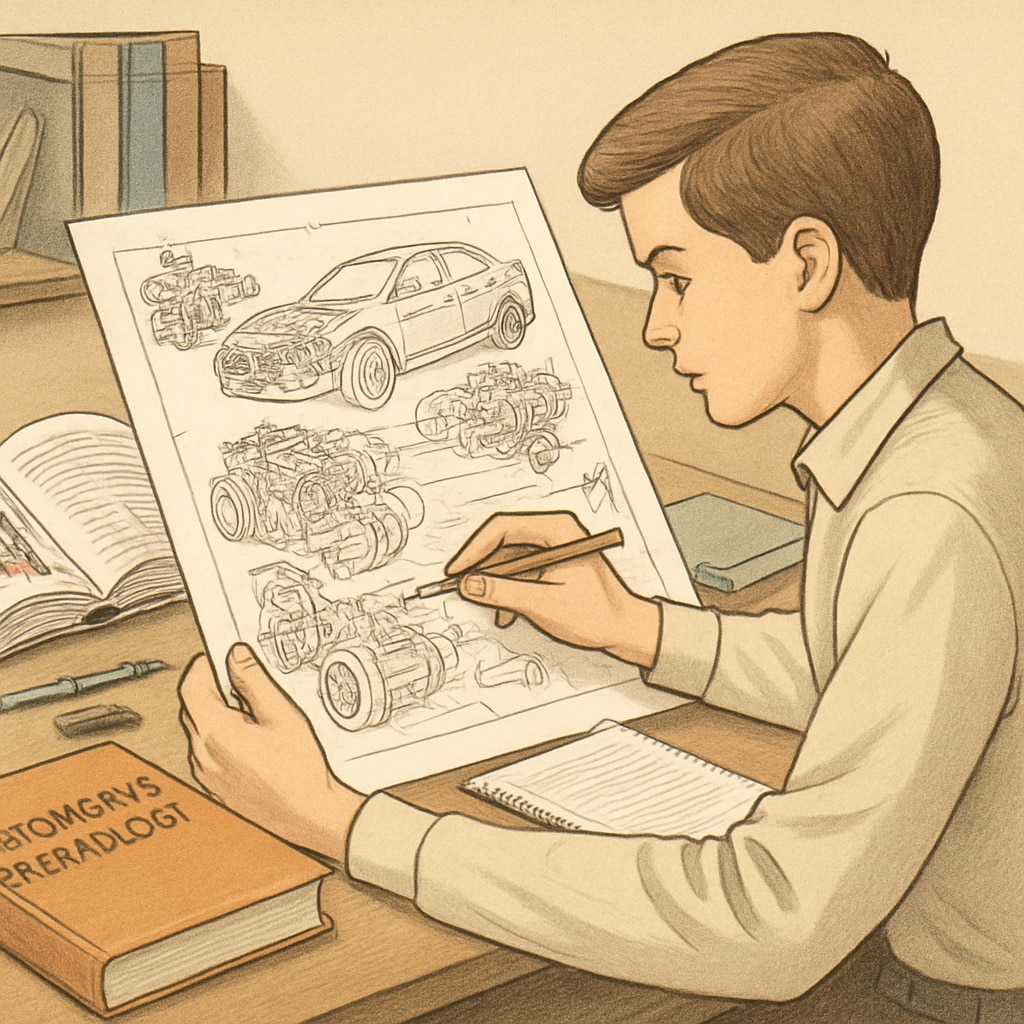 A student reviewing automotive schematics, symbolizing the transition from technical skills to advanced education. A student analyzing automotive schematics, representing educational advancement in automotive technology.