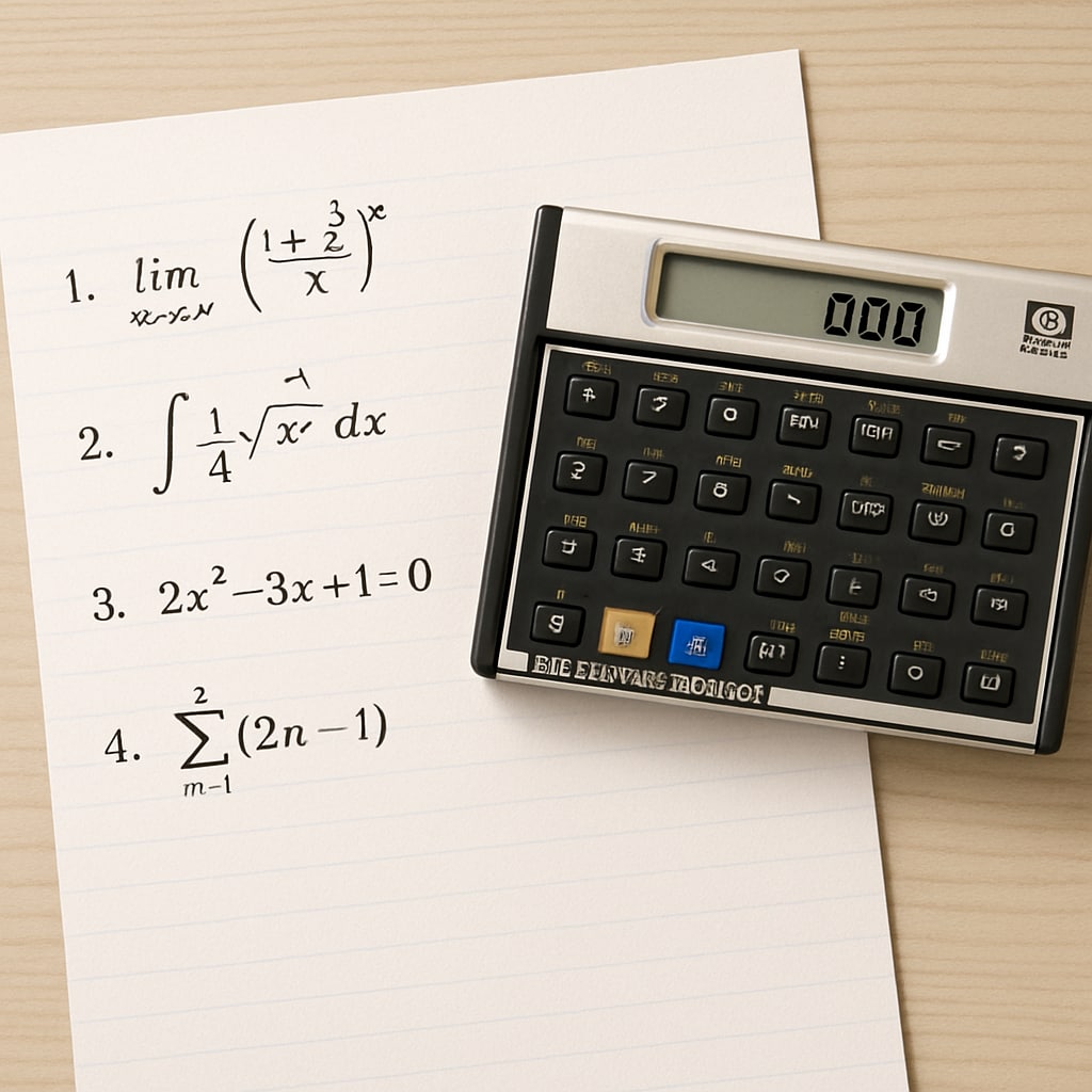 An HP 11c RPN calculator placed on a desk with mathematical problems beside it, showcasing its design and functionality HP 11c RPN calculator with math problems demonstrating its unique features