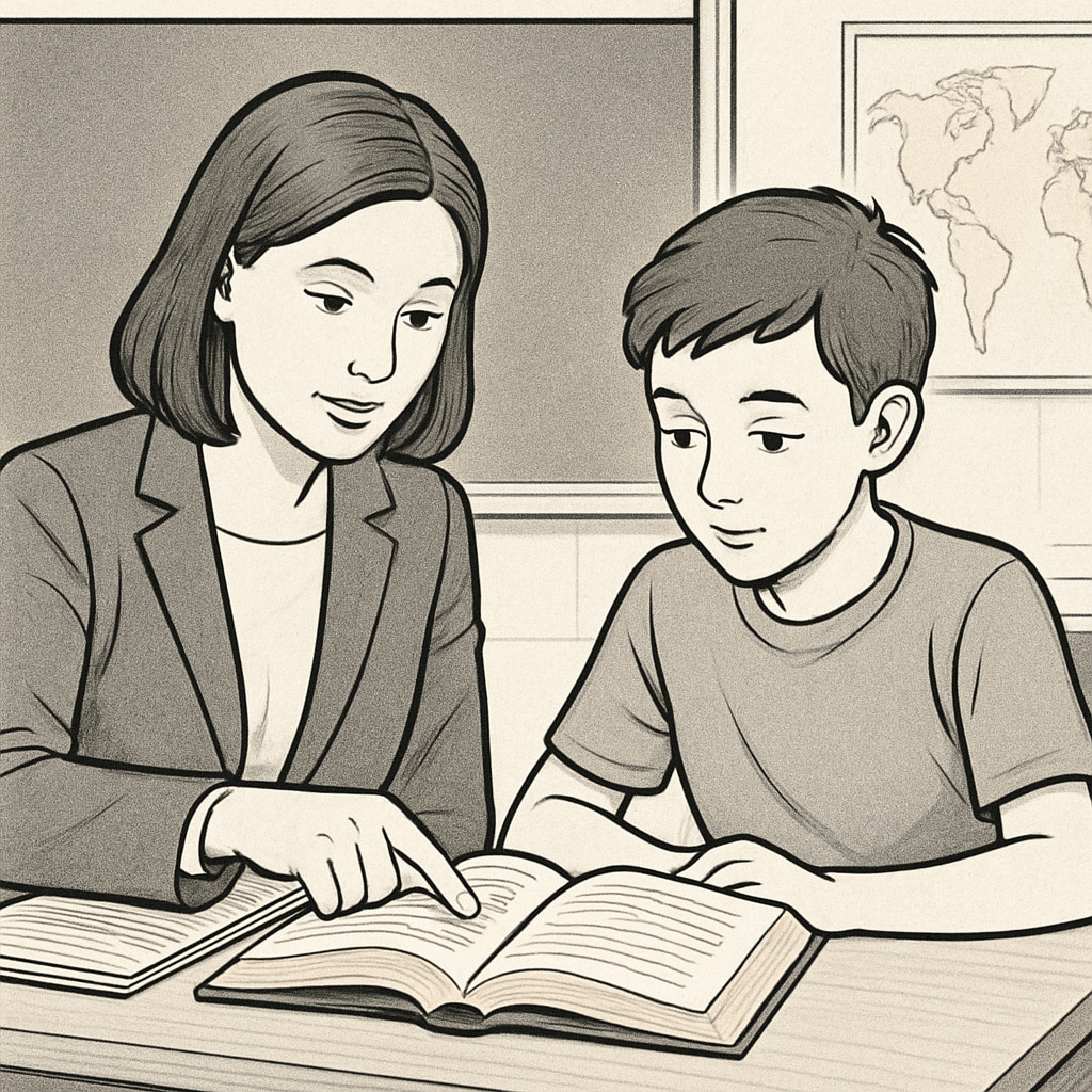 A teacher reviewing text materials with a student, illustrating the interaction between professional judgment and student learning. Teacher assessing text complexity with a student in a classroom environment.