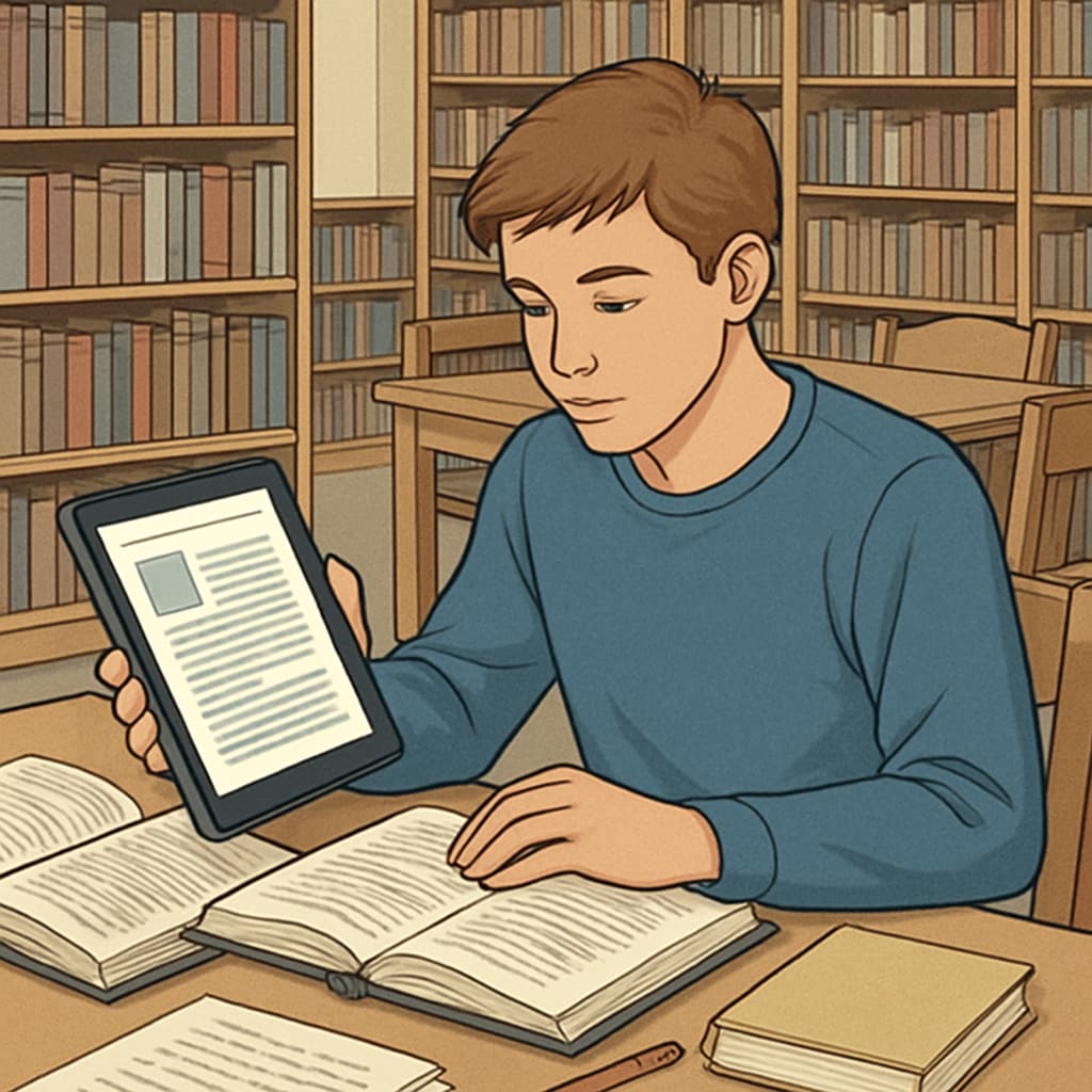 A high school student reading a digital textbook on a tablet in a library setting. A student using a digital textbook in a library to access free educational resources.