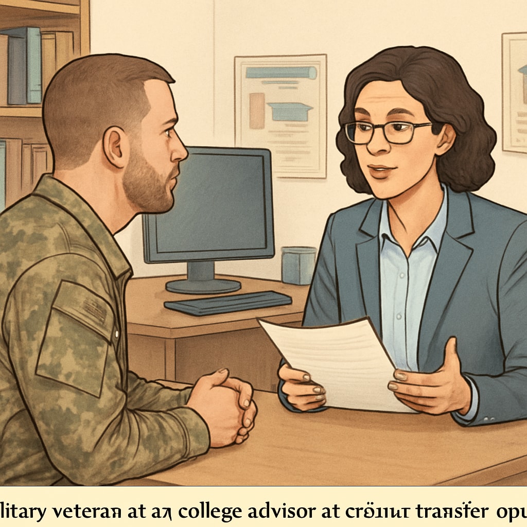 A military veteran consulting with a college advisor about credit transfer options. A military veteran discussing credit transfer with an academic advisor.