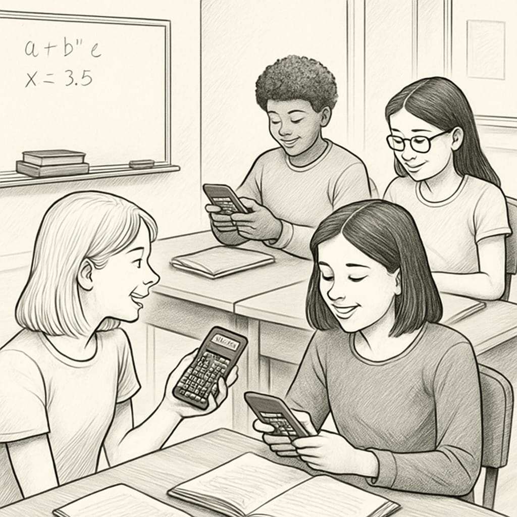A classroom setting where students are using RPN calculators, demonstrating collaborative learning and hands-on engagement Students using RPN calculators in a classroom for hands-on math learning