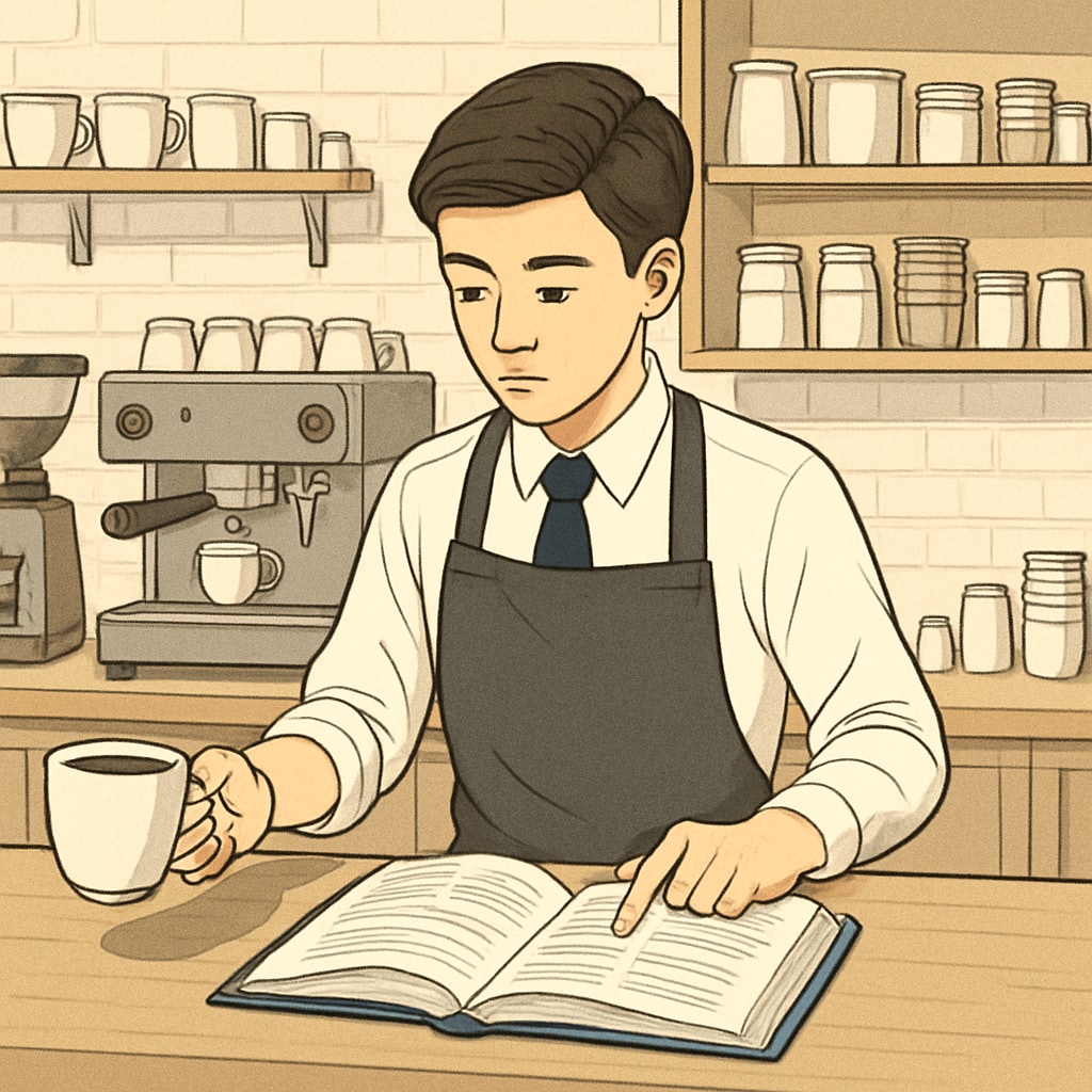 A high school student working at a coffee shop, managing responsibilities both at work and in school. High school student working part-time at a coffee shop, balancing work and academics.