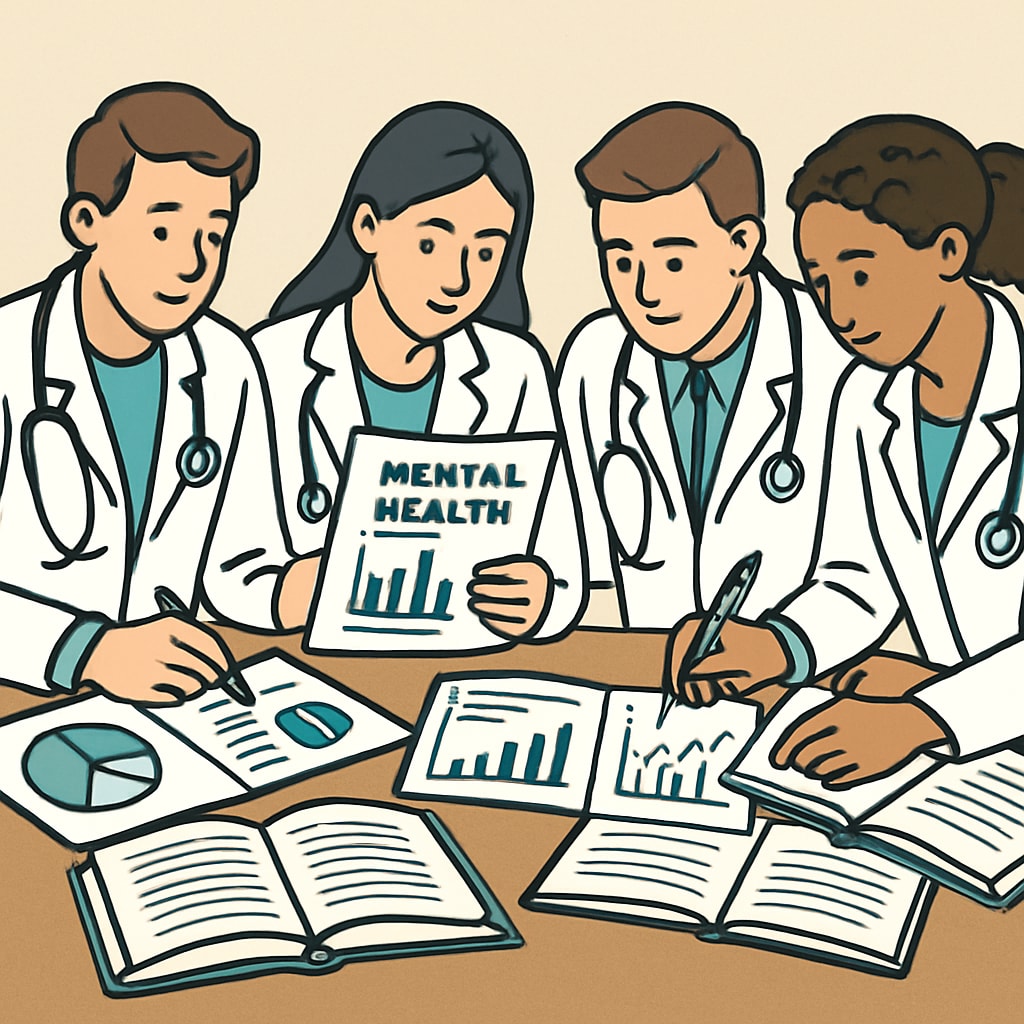 A group of medical students preparing mental health seminar materials, with charts and books on a table. Medical students preparing a mental health seminar for high school students.