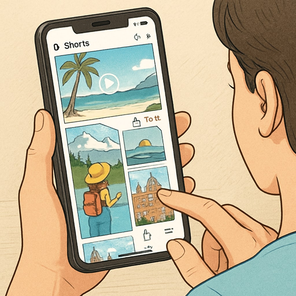 A dynamic image of a person watching travel-related short videos on a smartphone. A person watching short videos about travel destinations on a smartphone.
