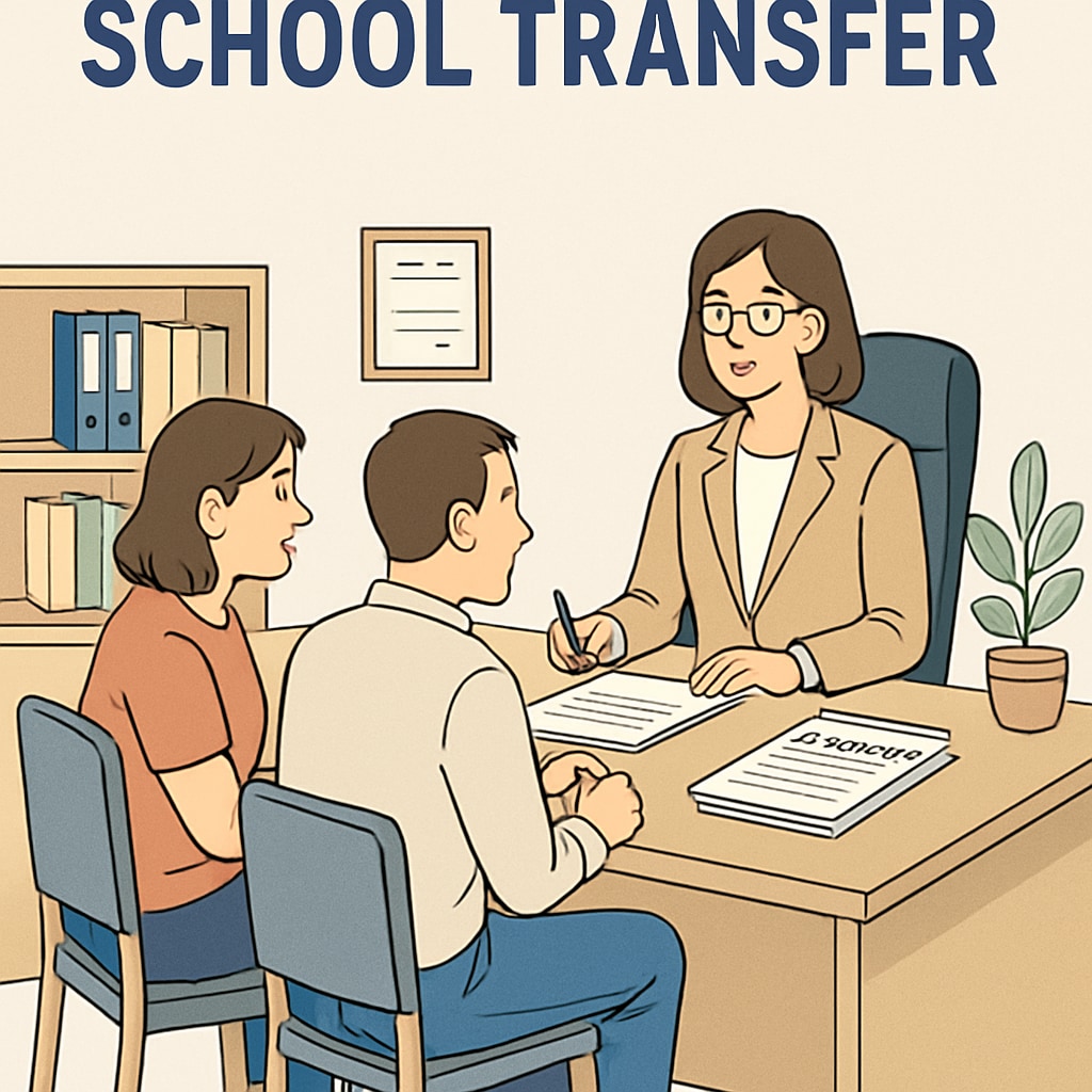 An image of parents discussing transfer paperwork with a school administrator in an office setting. This highlights the challenges families face during the school transfer process. Parents discussing school transfer paperwork with an administrator