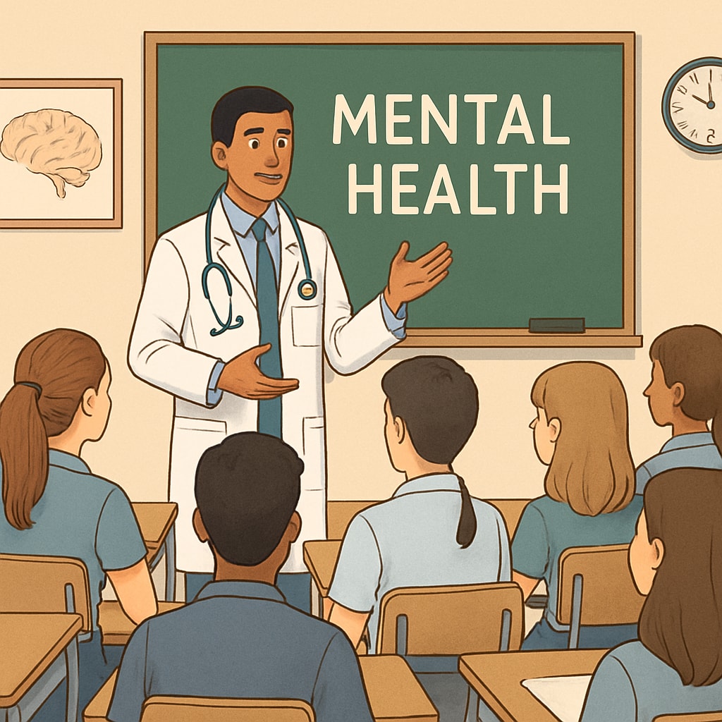 A mental health seminar in progress, showing a medical student speaking to high school students seated in rows. A medical student leading a mental health seminar for high school students.