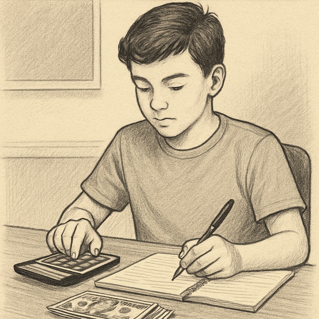 A teenager sitting at a desk, calculating and budgeting their earnings from a part-time job. Teenager budgeting earnings from a part-time job to build financial independence.