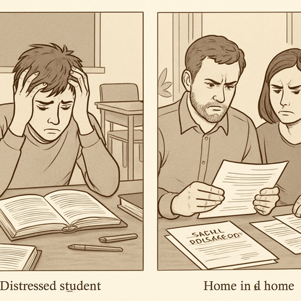 A student looking distressed in a classroom while parents review legal documents at home. This represents the emotional and legal toll of school discrimination and transfer challenges. A distressed student in class with parents reviewing documents at home