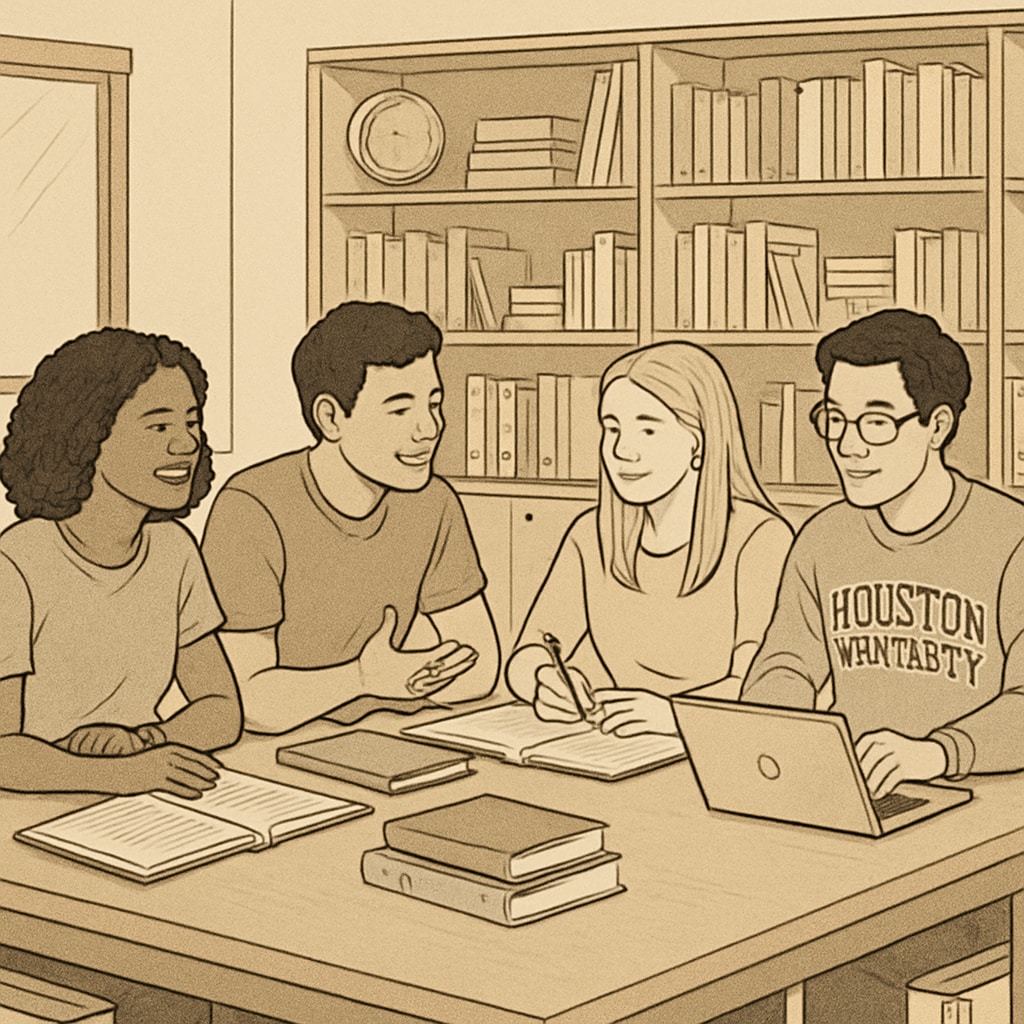 A group of students at Houston University collaborating on an education project in a study room. Houston University students working together on a K12 education study group project.