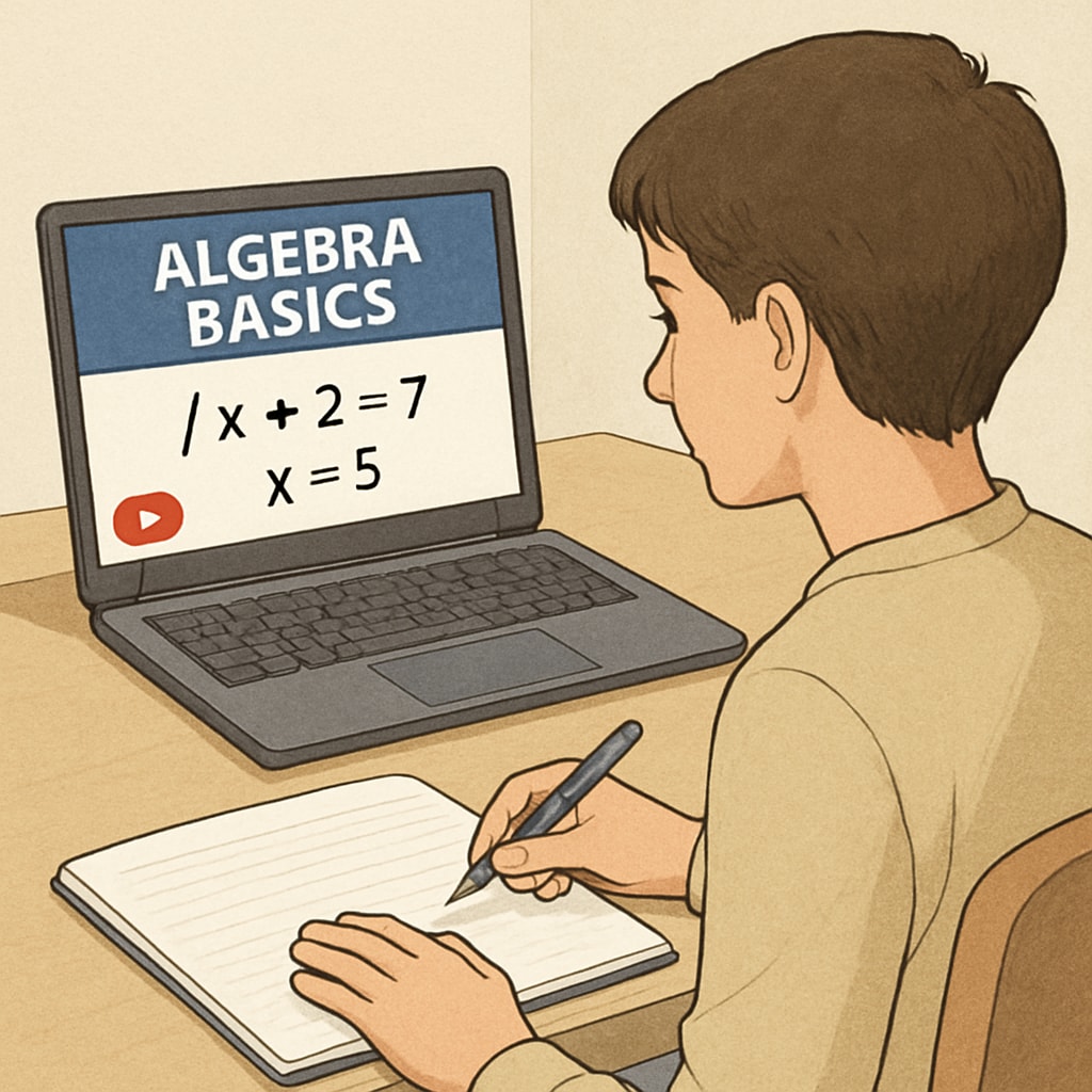 A student watching a YouTube tutorial on algebra basics, with a notebook and pen ready to take notes. A student learning algebra through YouTube, demonstrating the use of online math resources.