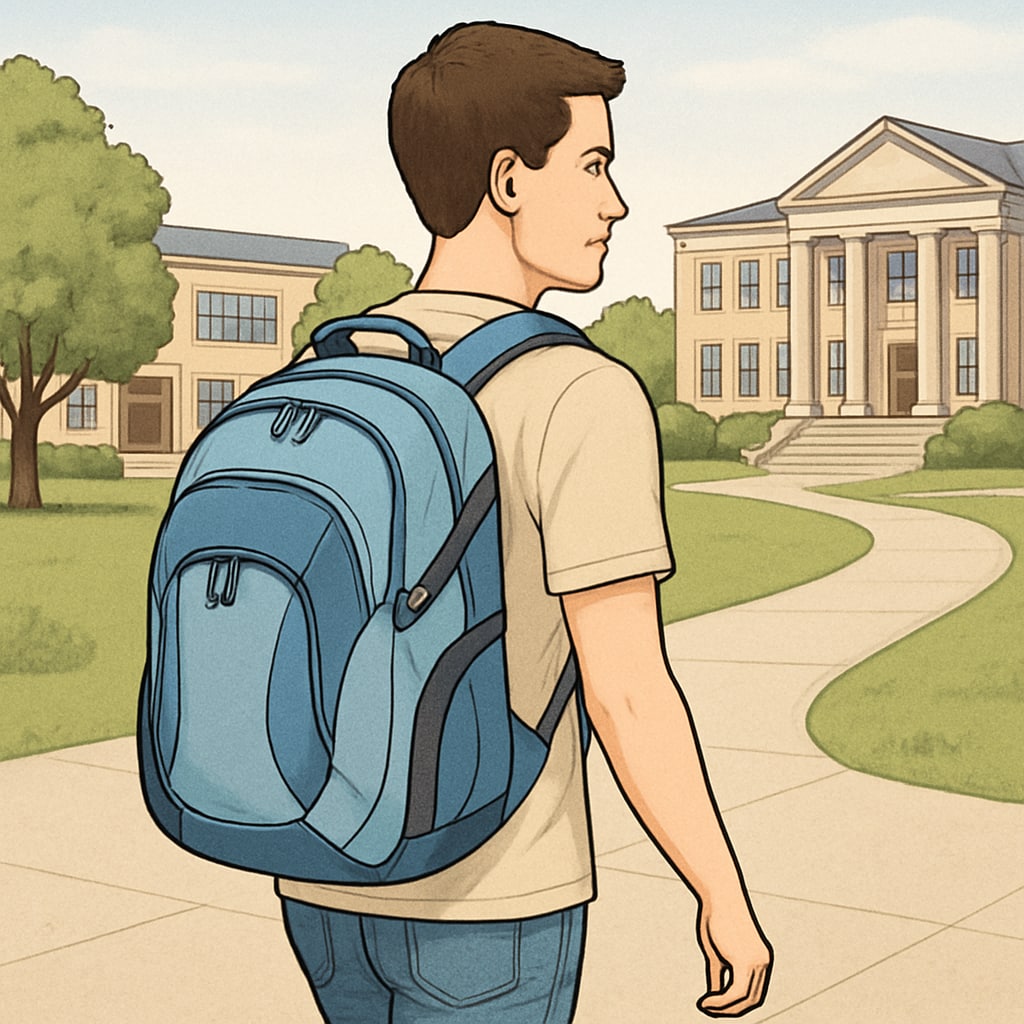 A college student wearing an ergonomic backpack, highlighting affordability and functionality.