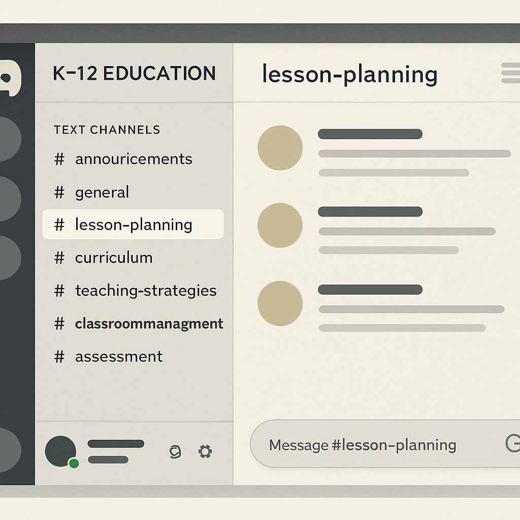A screenshot of a Discord server interface showing channels dedicated to K12 education topics like lesson planning and classroom management. Discord server interface with channels for K12 education-focused discussions and resources.