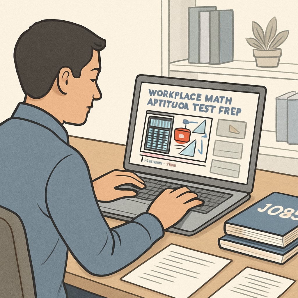 A job seeker using a laptop to watch a YouTube video on workplace math aptitude test preparation. A job seeker preparing for career aptitude tests using YouTube math tutorials.