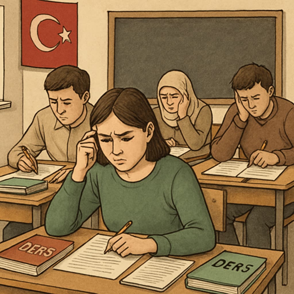 A classroom in Turkey showing students preparing for standardized exams, illustrating exam pressure and lack of flexibility. Students in a Turkish classroom preparing for standardized exams, reflecting exam-oriented education system.