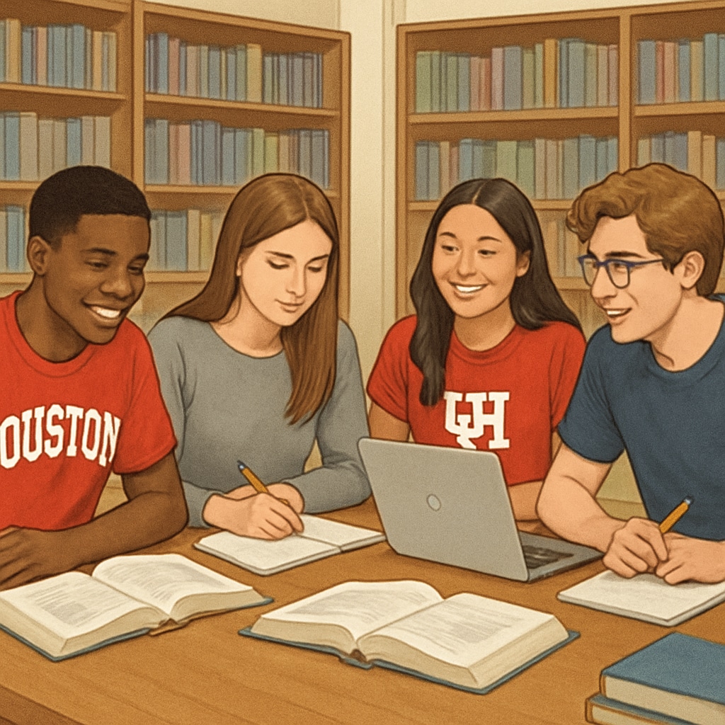 A small group of University of Houston students studying together in a campus library, surrounded by open textbooks and laptops. University of Houston students studying in a library as part of a study group.