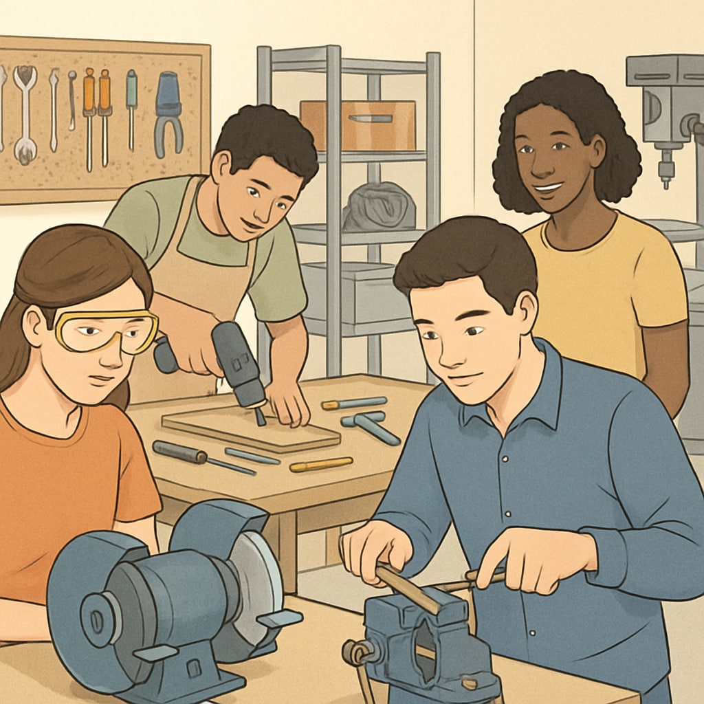 A group of young adults participating in a vocational training program, practicing hands-on skills in a workshop setting. Students in a vocational training program, learning practical skills.