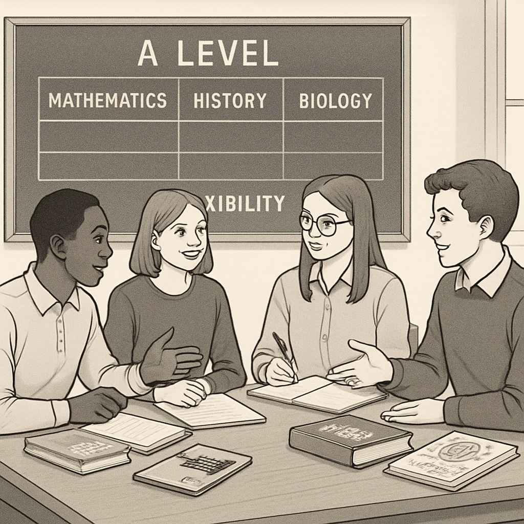 Students in the UK discussing subject options under the A Level model, highlighting flexibility and interest-based learning. UK students engaging in discussions about A Level subject choices, showcasing flexible learning.