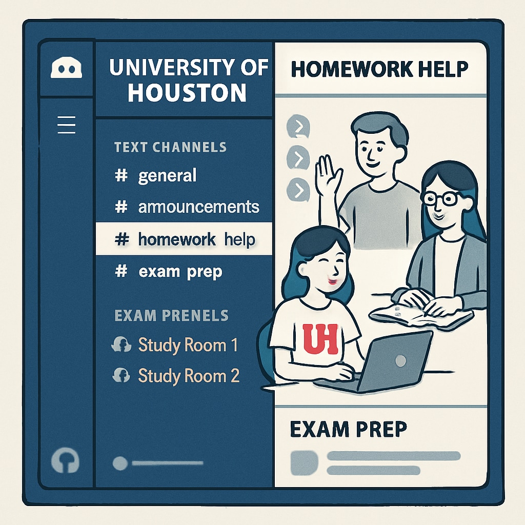 A screenshot of a Discord server interface with channels labeled Discord server used by University of Houston students for study groups.