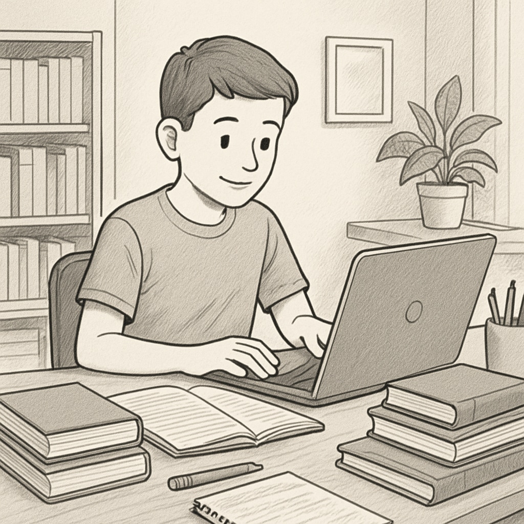 A young student studying on a laptop at home, surrounded by books and notes, illustrating the flexibility of remote learning. Student engaged in online learning at home with educational materials.