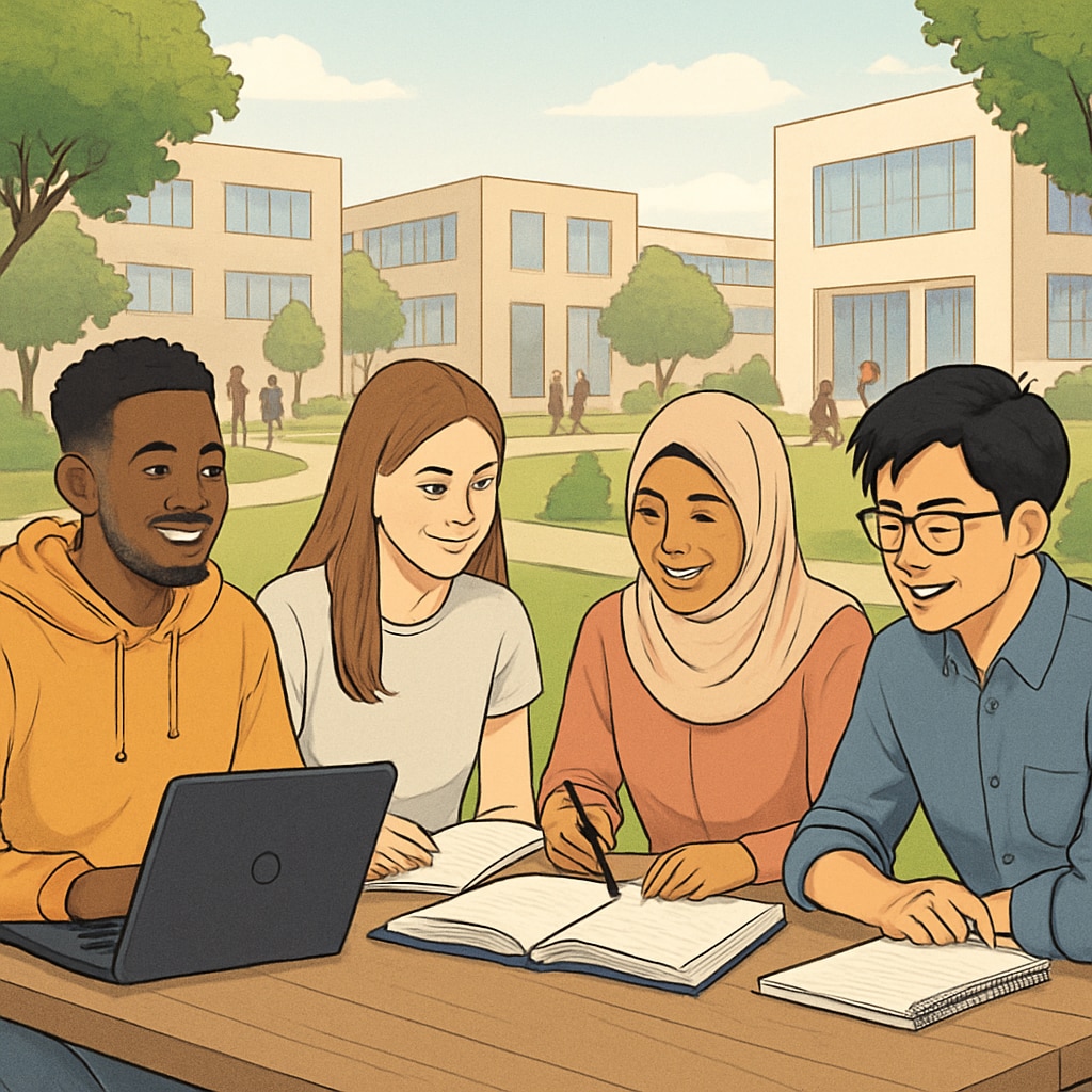 A diverse group of students studying together at an affordable international university campus. The image highlights the inclusive and budget-friendly nature of the university environment. Diverse students studying at an affordable university, emphasizing AS grades acceptance.