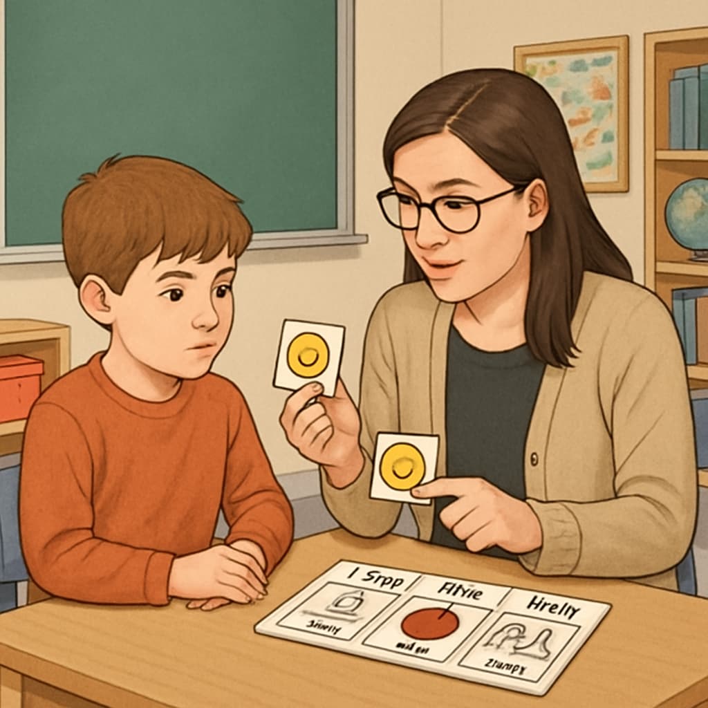 A teacher assistant using visual aids to communicate with a child on the autism spectrum in a classroom setting. Teacher assistant communicating with a child using visual aids in a classroom.