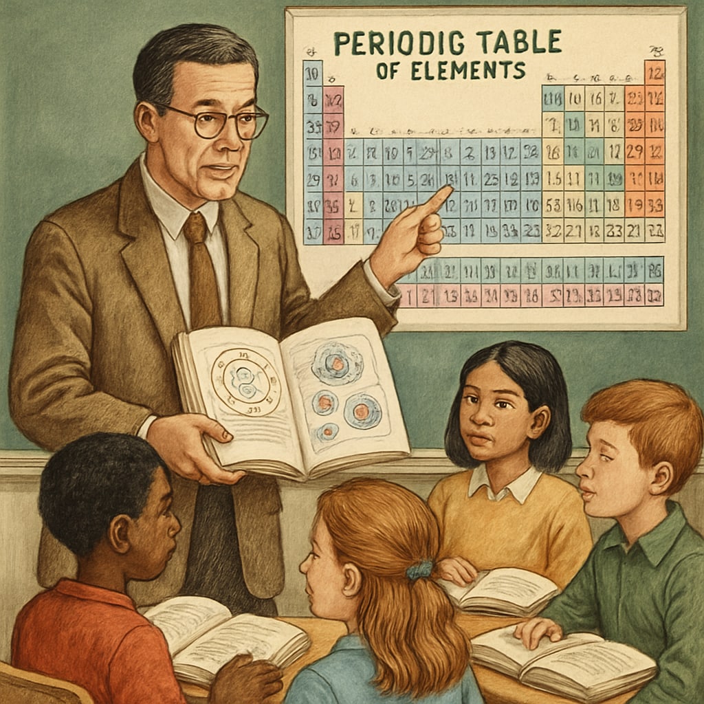 A teacher using a visual aid, like a periodic table, to explain scientific concepts to a diverse group of students. Teacher explaining scientific concepts to English learners using a periodic table visual aid.