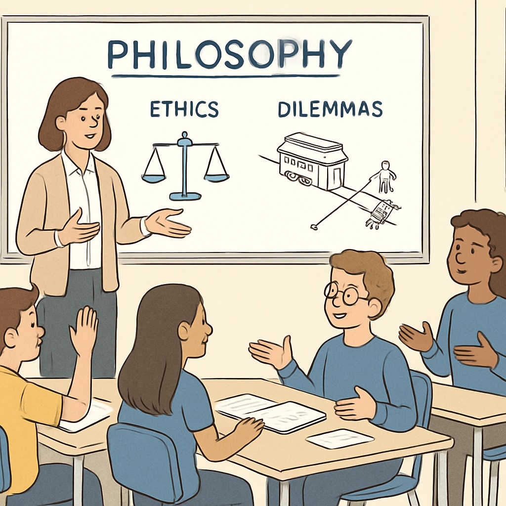 A classroom setting showing students engaged in a discussion about philosophical concepts. The teacher is guiding them through ethical dilemmas using interactive activities. Philosophy discussion in a classroom focused on ethical dilemmas and psychology concepts.