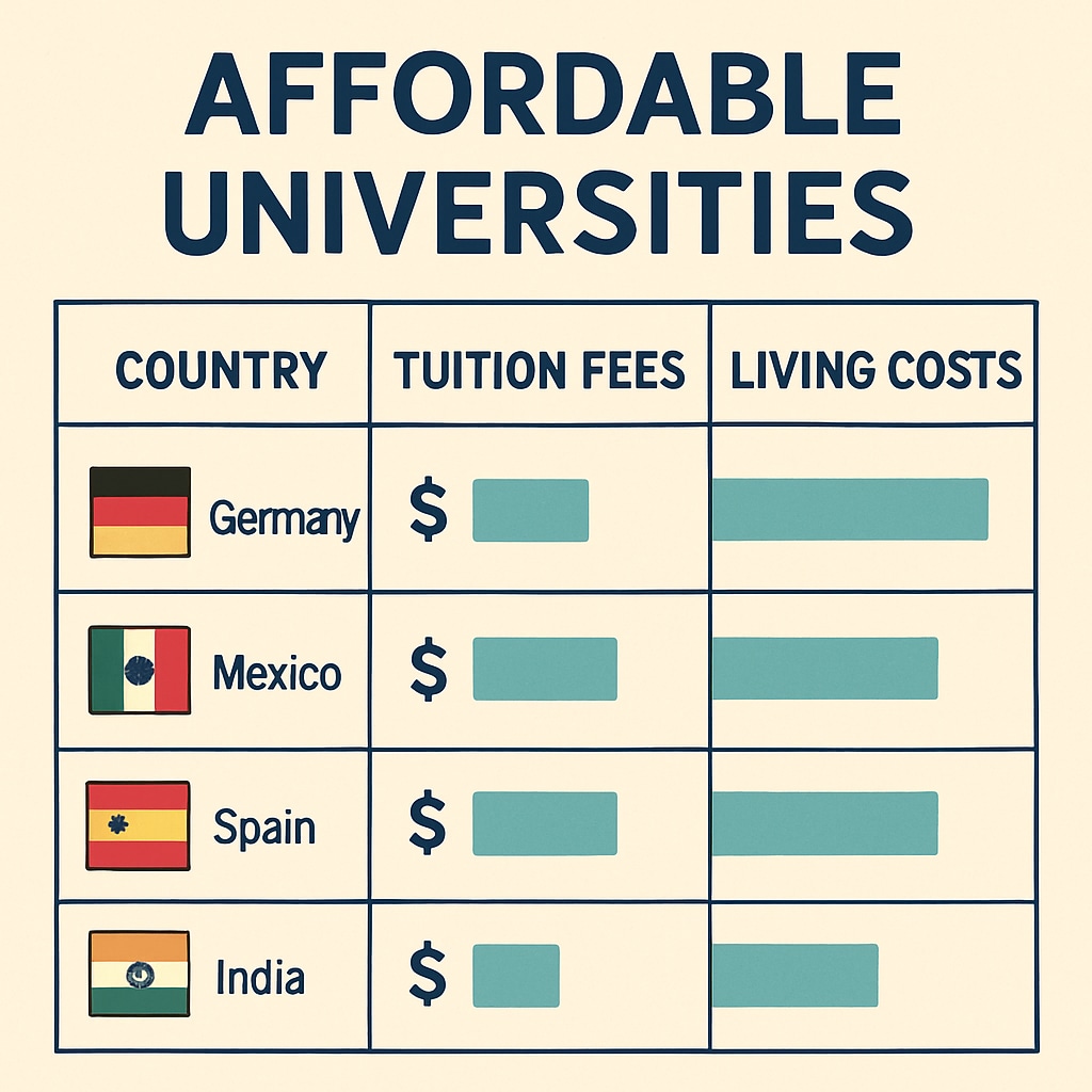 A comparison chart showing tuition fees and living costs in different countries with affordable universities. The chart emphasizes cost-effective education options. Chart comparing tuition fees and living costs for universities accepting AS grades.