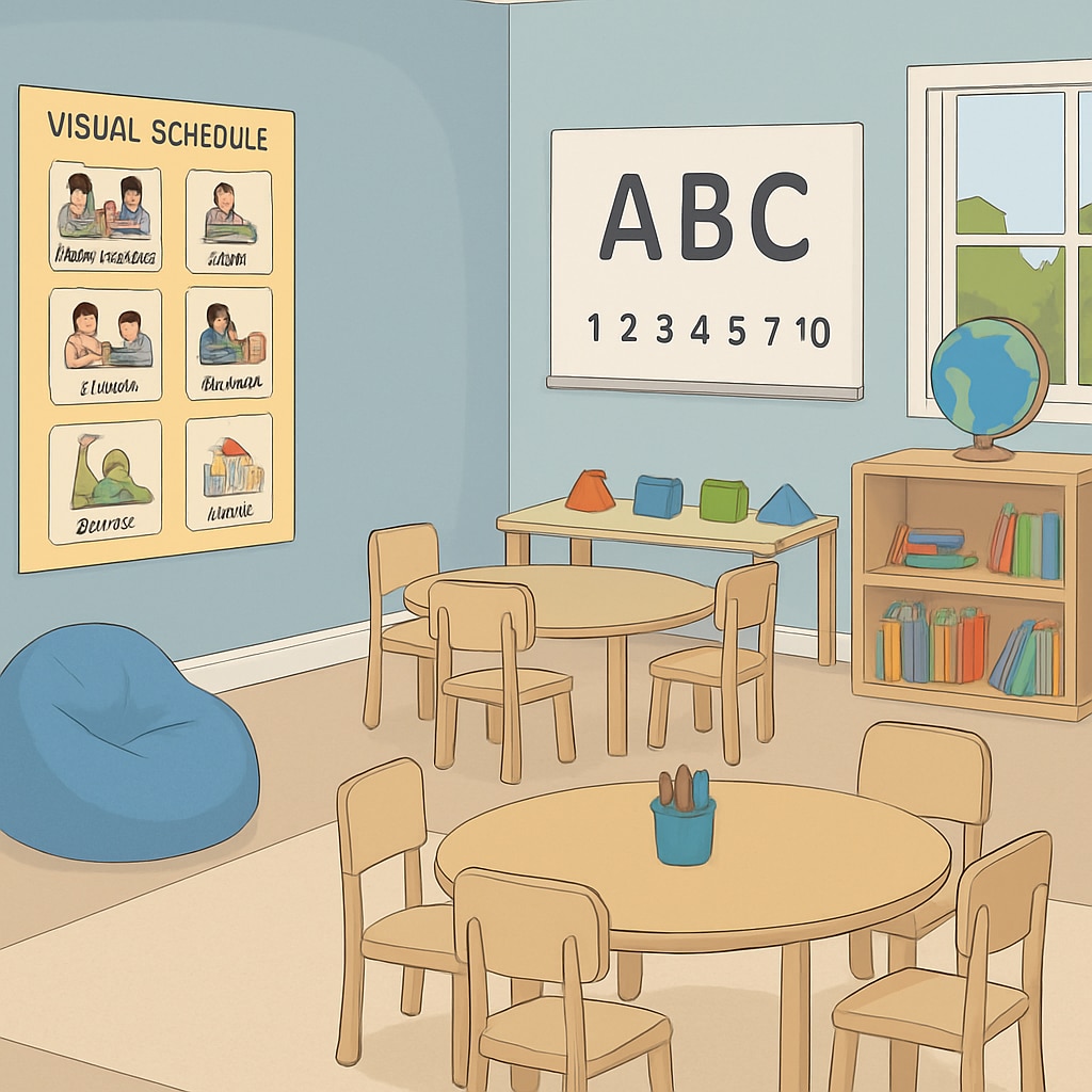 A sensory-friendly classroom with visual schedules and calming colors designed for children with autism spectrum disorder. Sensory-friendly classroom designed for children with autism spectrum disorder.