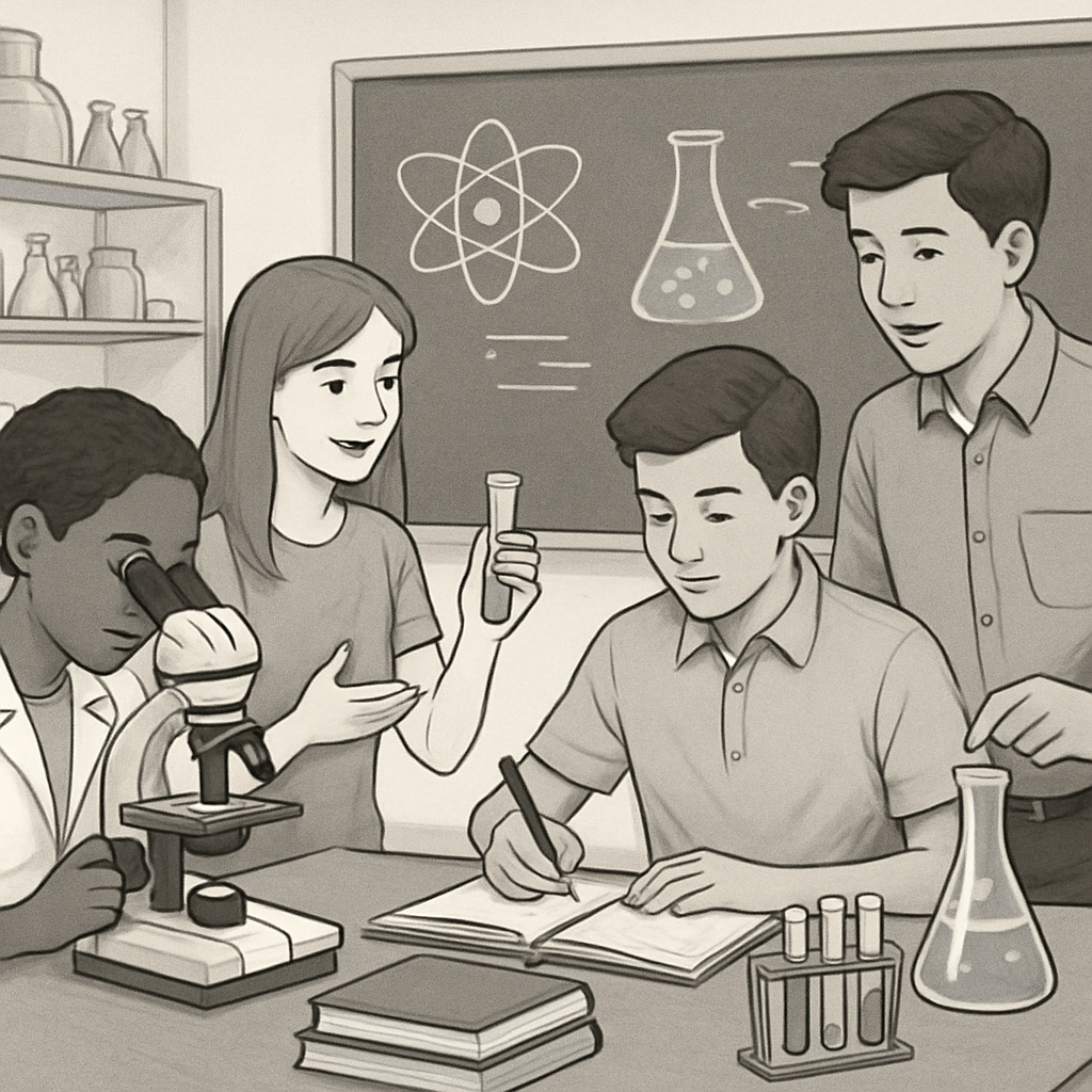 Students working collaboratively in a high school science laboratory, using tiered assignments to complete a task. High school students collaborating in a science lab with differentiated tasks.