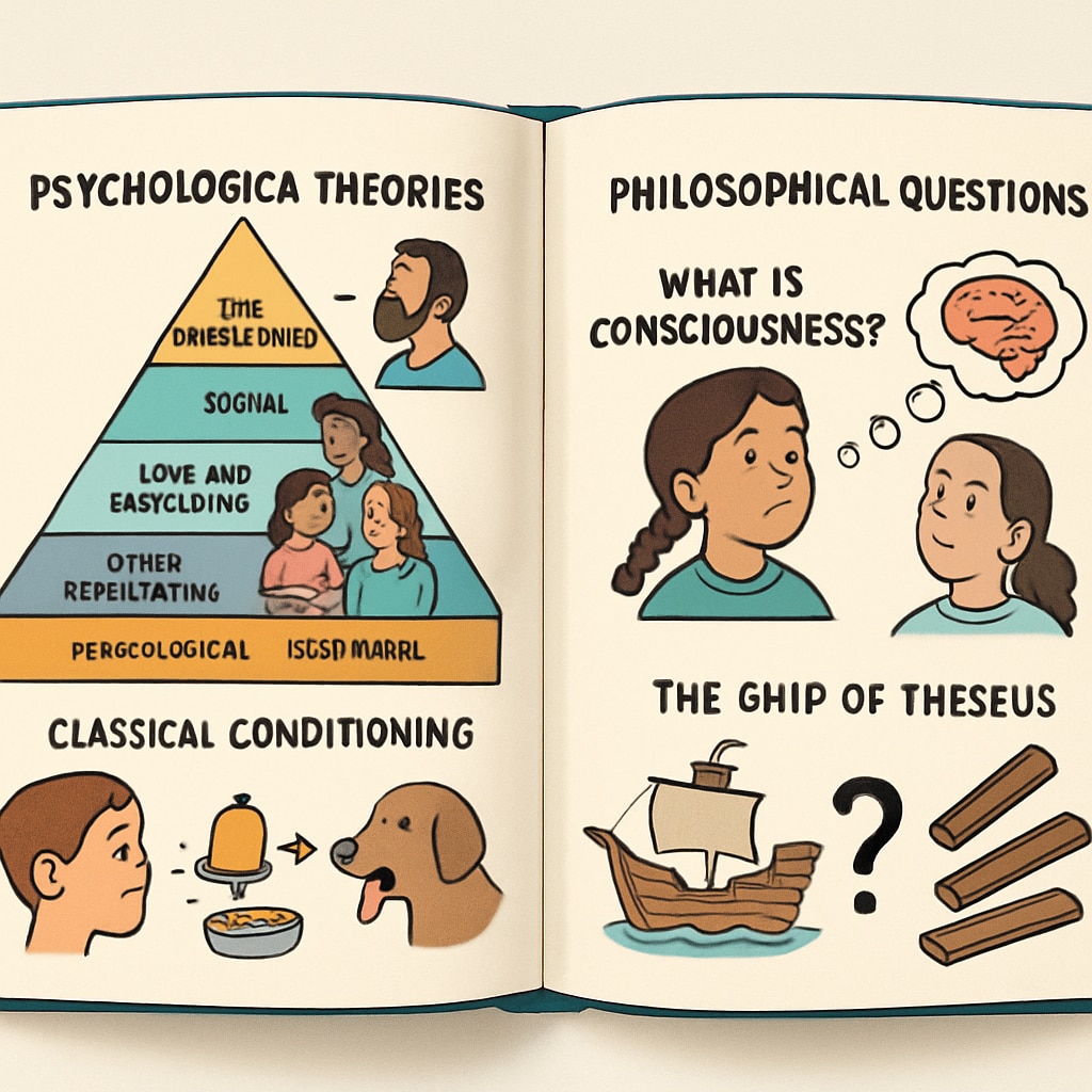 An open book featuring diagrams explaining psychological theories alongside philosophical questions. The book aims to visually engage younger learners. Open book with psychology diagrams and philosophical questions for K12 students.