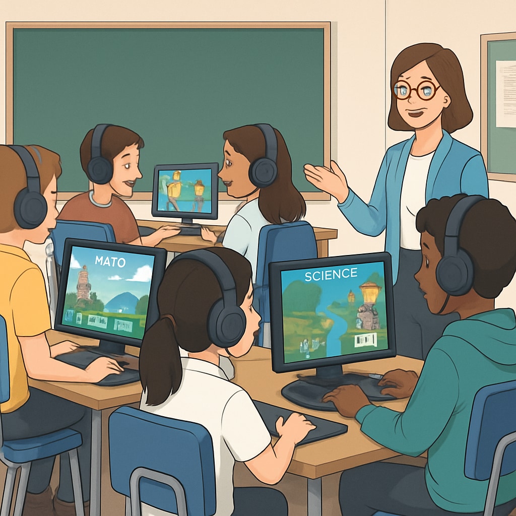 A classroom setting where students are actively engaging in esports games to learn core academic concepts. Students participating in esports activities as part of game-based learning in a classroom.