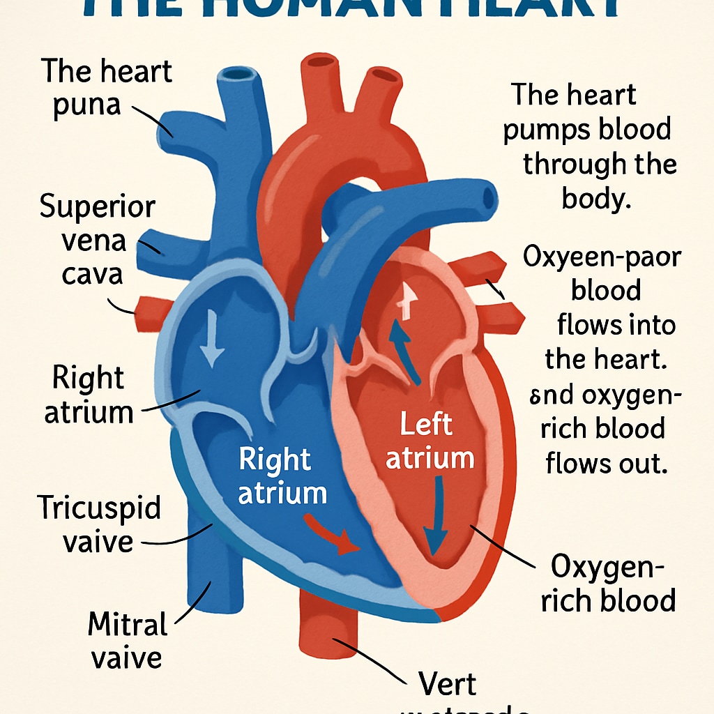 A colorful infographic explaining the anatomy and function of the human heart, designed for K12 students. Infographic of the human heart anatomy for non-medical audiences.