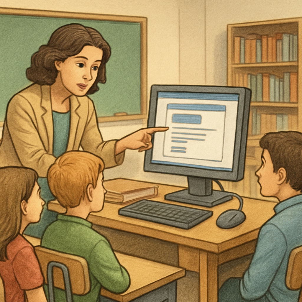 A teacher helping students navigate restricted online content in a K12 classroom. Age verification, content restrictions, network censorship in a K12 classroom.