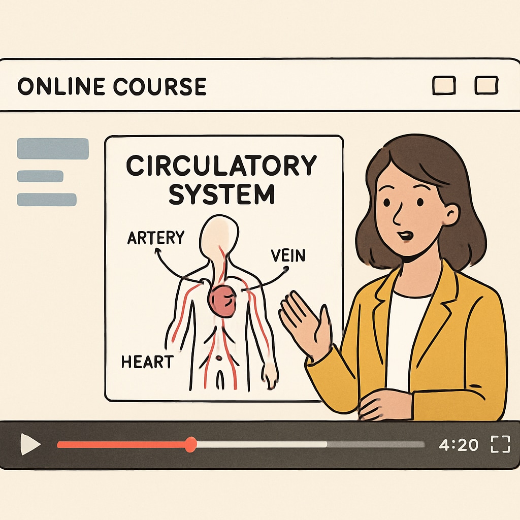 A screenshot of an online course interface showing an animated video explaining the circulatory system. Screenshot of online course teaching the circulatory system for K12 learners.
