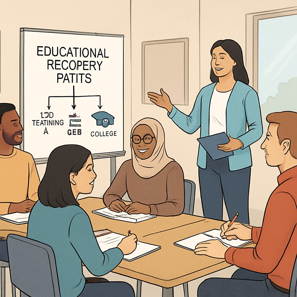 A group of adult learners attending a workshop, representing diverse educational recovery paths. Adult learners discussing options for education recovery in the UK.