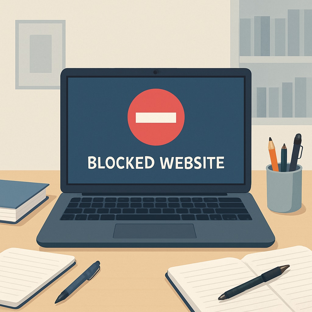 A blocked website message displayed on a student’s laptop screen. Age verification and content restrictions blocking website access for students.