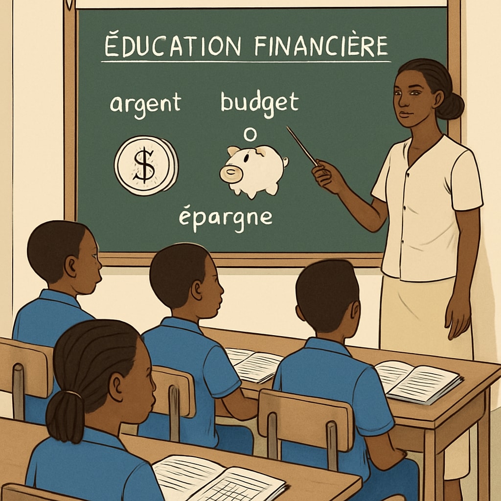 A classroom in Mali with students learning basic concepts, symbolizing the need for financial literacy education. K12 students in Mali learning financial literacy concepts, highlighting education gaps.