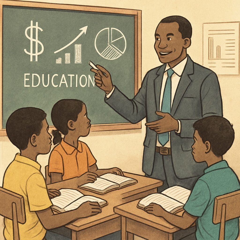 A financial professional mentoring young students in a developing country, highlighting the importance of bridging education gaps. Financial mentor guiding students in a developing nation to prepare for finance careers.