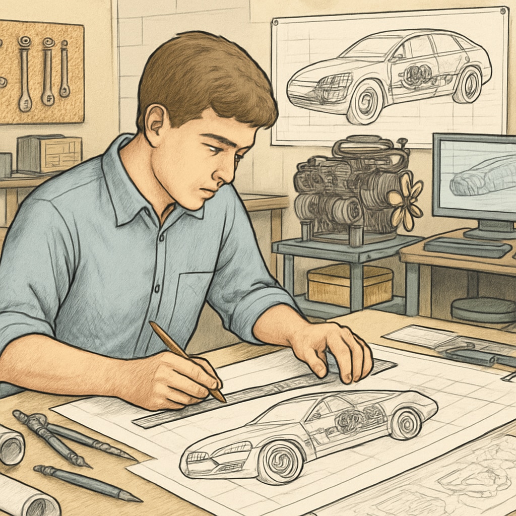 A student working on an automotive engineering design project in a lab setting. Automotive engineering student working on vehicle design