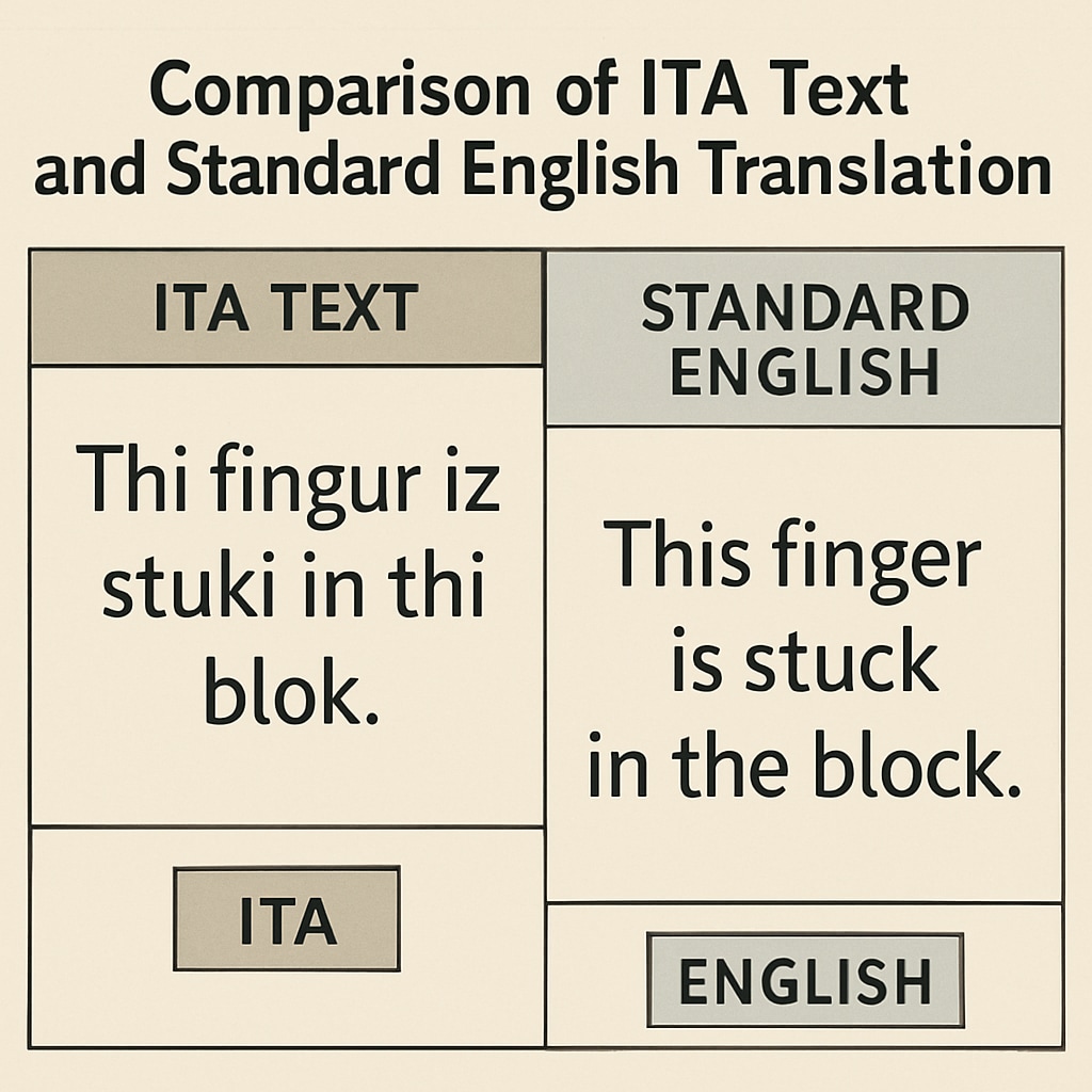 A side-by-side comparison of Initial Teaching Alphabet text and traditional English spelling.