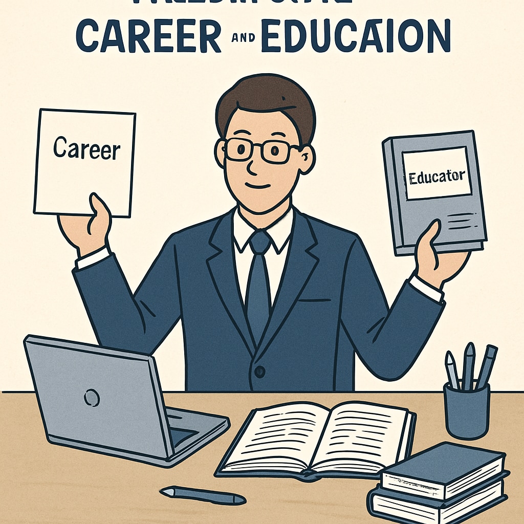 A professional juggling work and study, seated at a desk with a laptop and textbooks. The image illustrates the concept of balancing career and education. A professional balancing master's degree and career development at work.