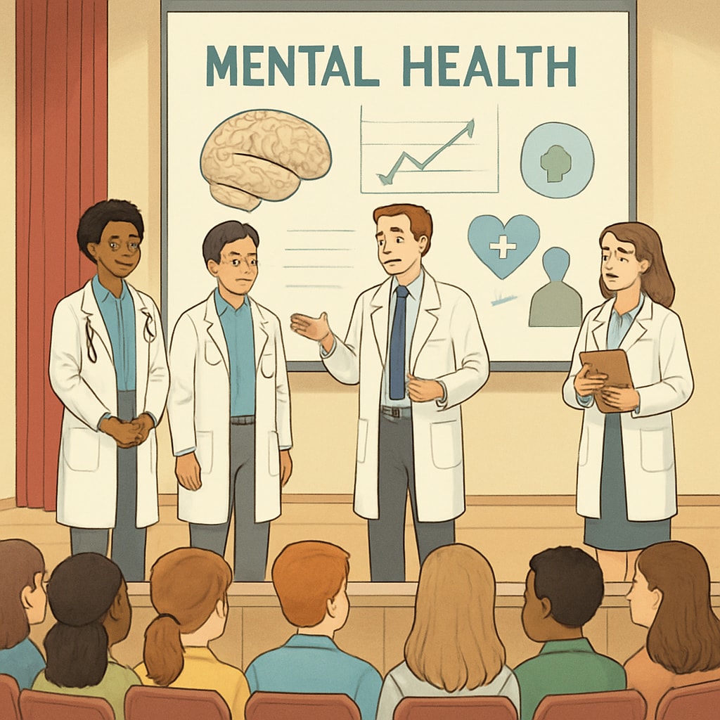 A group of medical students giving a presentation on mental health to high school students in an auditorium. Medical students presenting mental health topics to high school students during an assembly.